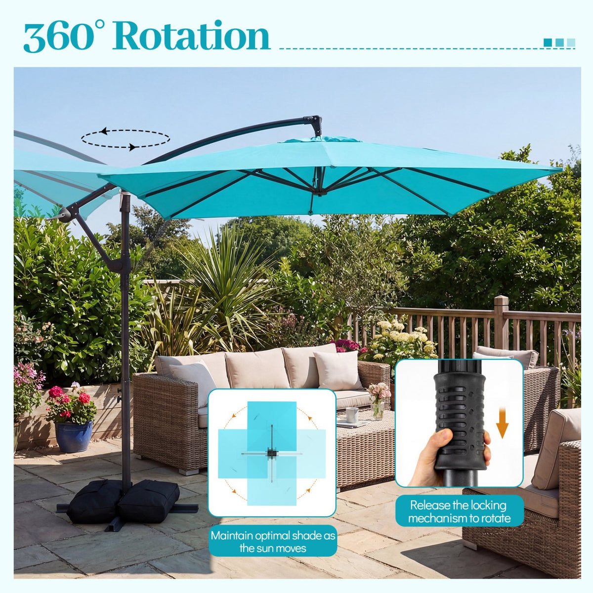 8 x 8 FT Offset Cantilever Patio Umbrella Square Hanging Outdoor Market Umbrella with 360° Rotation-Turquoise view 7