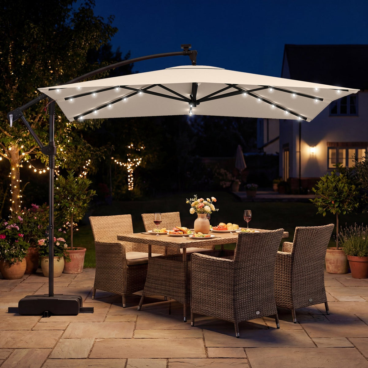 8 x 8 Square FT Solar LED Offset Cantilever Patio Umbrella with 360° Rotation-Beige view 2