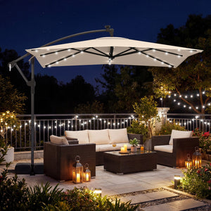 8 x 8 Square FT Solar LED Offset Cantilever Patio Umbrella with 360° Rotation-Beige view 3