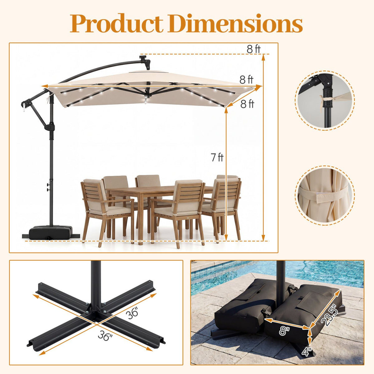 8 x 8 Square FT Solar LED Offset Cantilever Patio Umbrella with 360° Rotation-Beige view 4