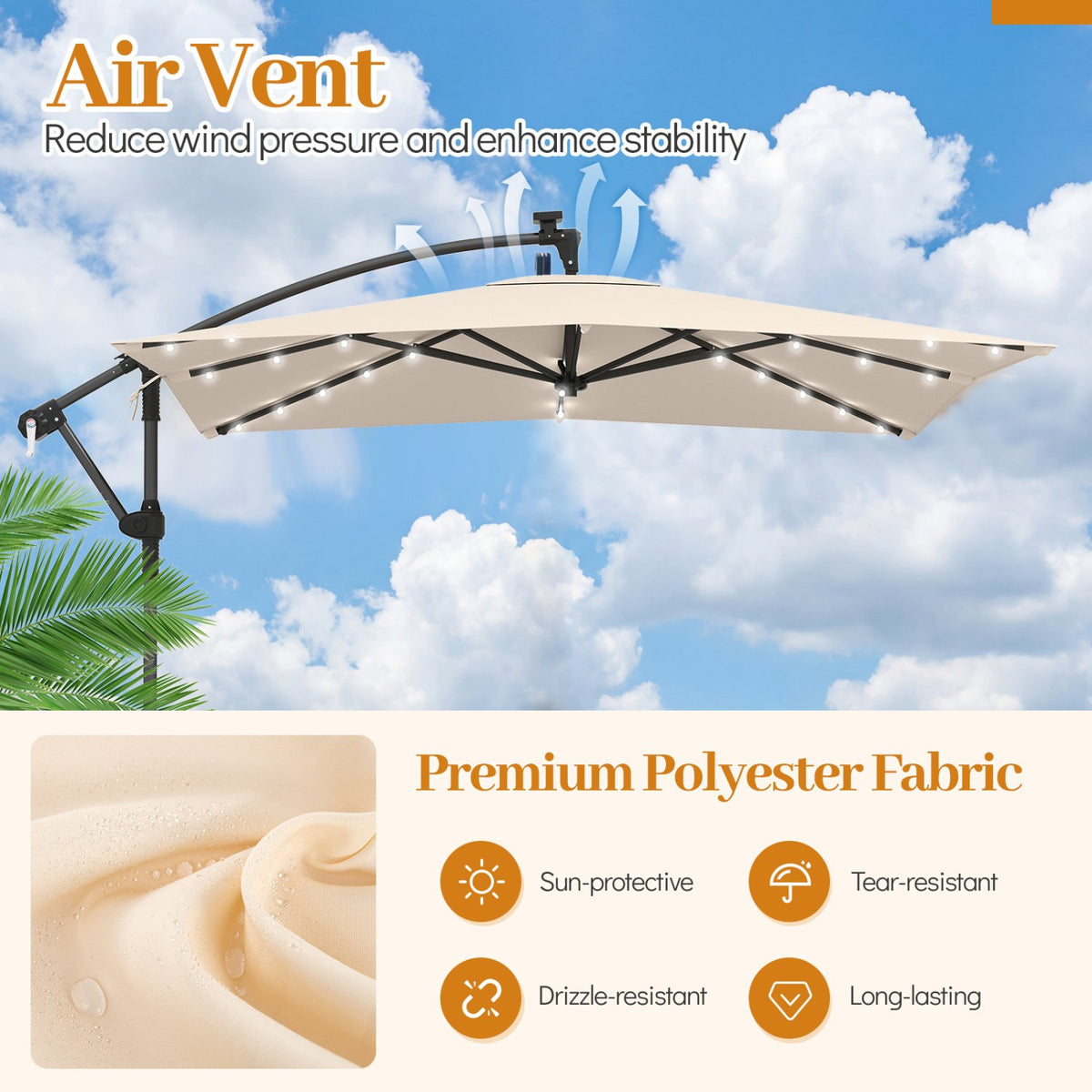 8 x 8 Square FT Solar LED Offset Cantilever Patio Umbrella with 360° Rotation-Beige view 6