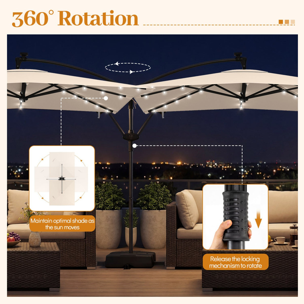 8 x 8 Square FT Solar LED Offset Cantilever Patio Umbrella with 360° Rotation-Beige view 7