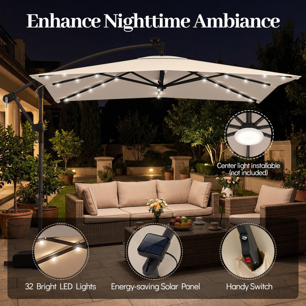 8 x 8 Square FT Solar LED Offset Cantilever Patio Umbrella with 360° Rotation-Beige view 8