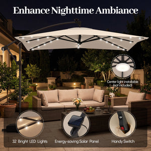 8 x 8 Square FT Solar LED Offset Cantilever Patio Umbrella with 360° Rotation-Beige view 8