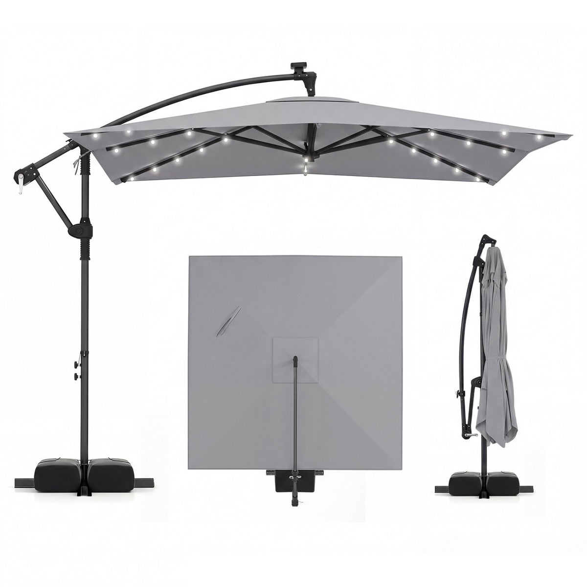 8 x 8 Square FT Solar LED Offset Cantilever Patio Umbrella with 360° Rotation-Gray