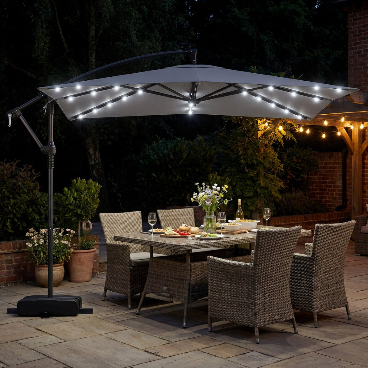 8 x 8 Square FT Solar LED Offset Cantilever Patio Umbrella with 360° Rotation-Gray view 2