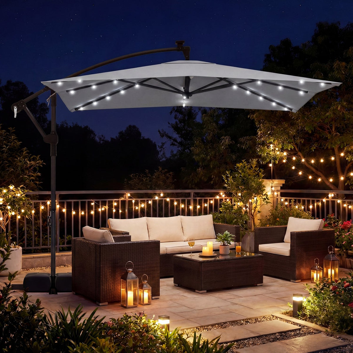 8 x 8 Square FT Solar LED Offset Cantilever Patio Umbrella with 360° Rotation-Gray view 3