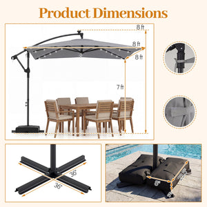 8 x 8 Square FT Solar LED Offset Cantilever Patio Umbrella with 360° Rotation-Gray view 4