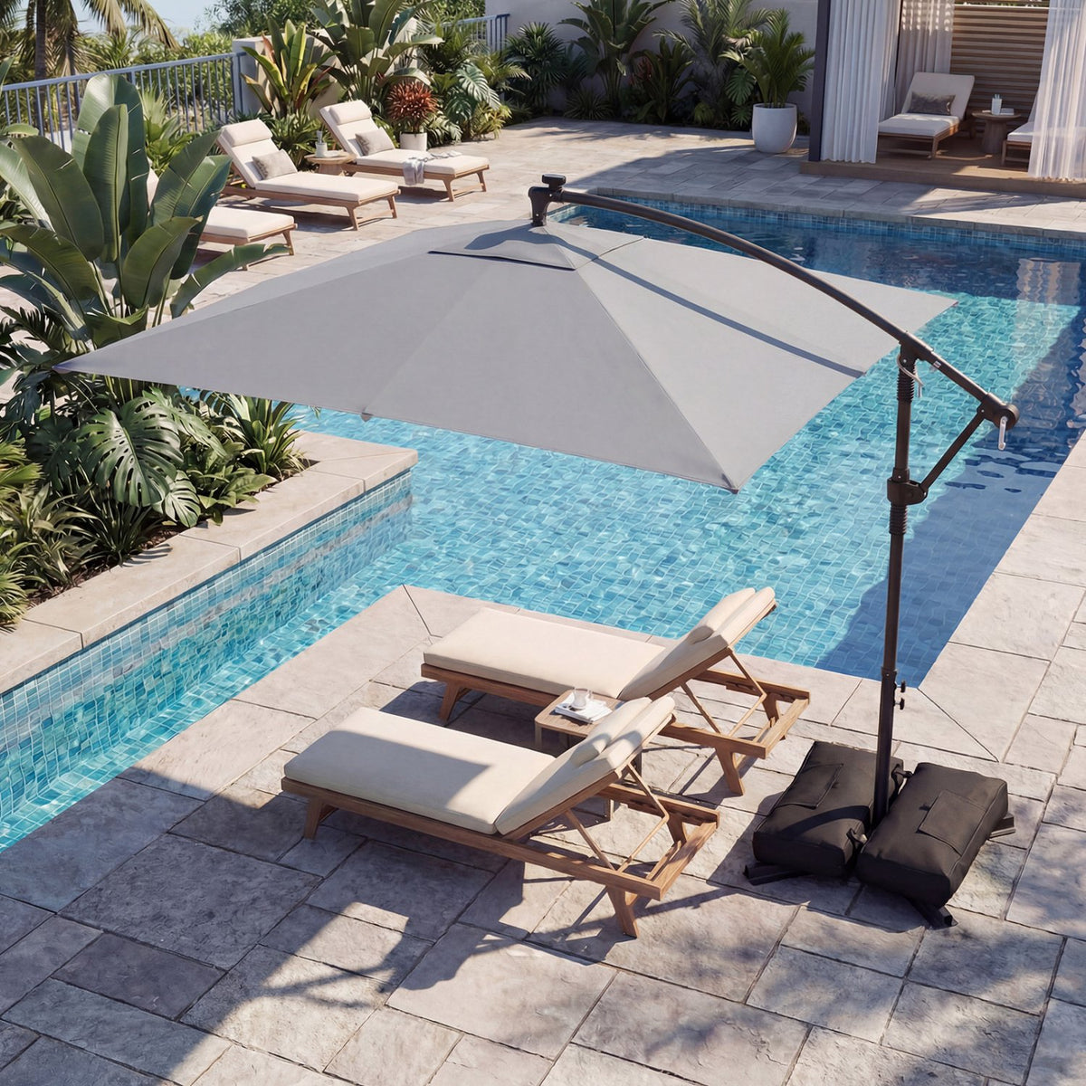 8 x 8 Square FT Solar LED Offset Cantilever Patio Umbrella with 360° Rotation-Gray view 5
