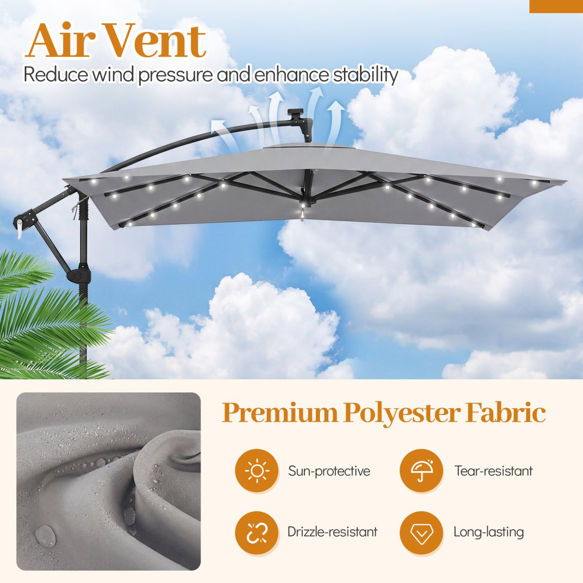8 x 8 Square FT Solar LED Offset Cantilever Patio Umbrella with 360° Rotation-Gray view 6