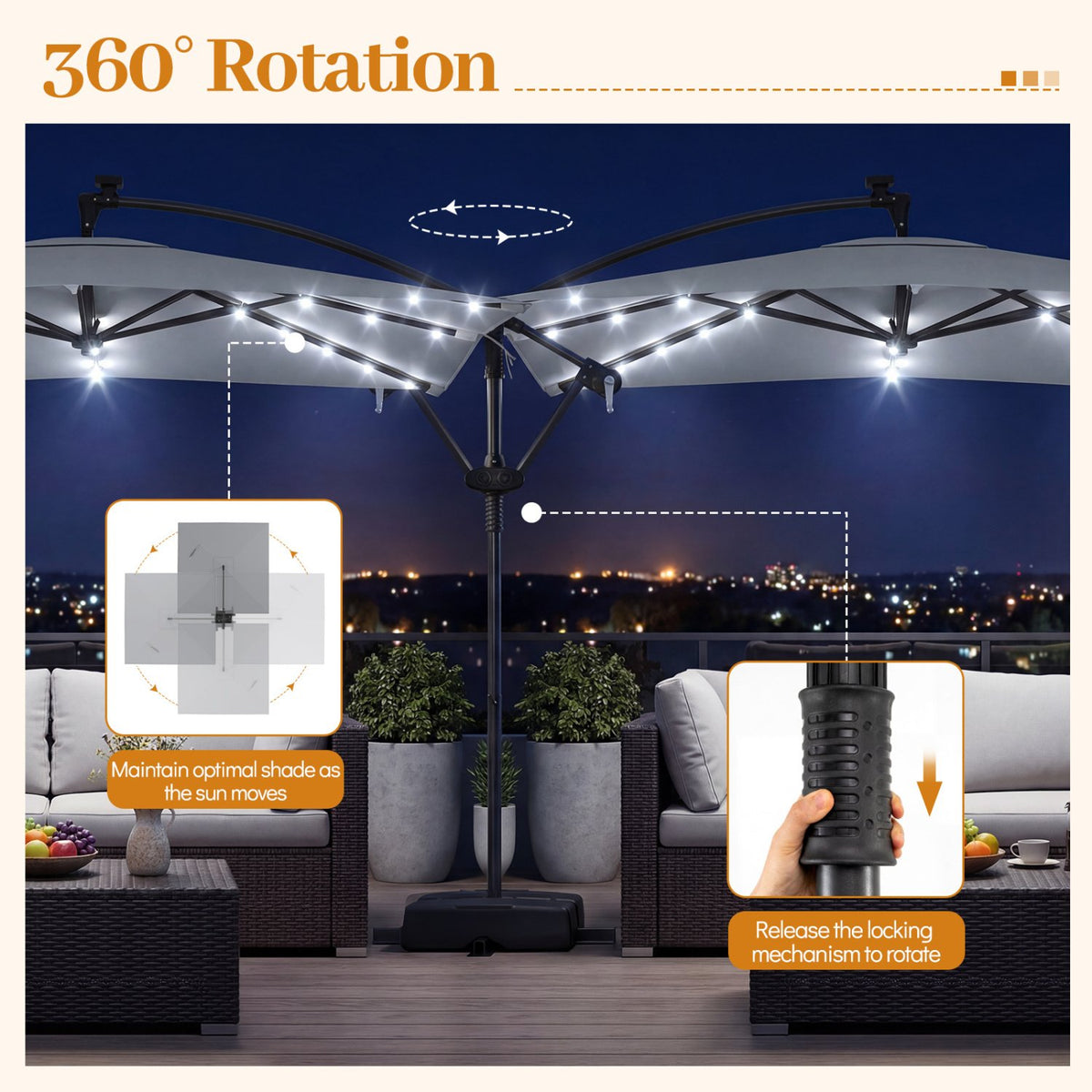 8 x 8 Square FT Solar LED Offset Cantilever Patio Umbrella with 360° Rotation-Gray view 7