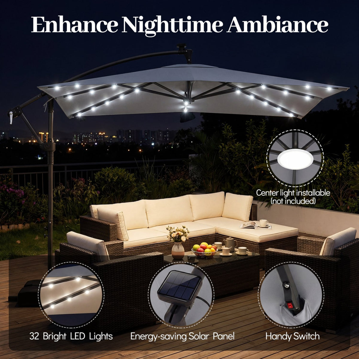 8 x 8 Square FT Solar LED Offset Cantilever Patio Umbrella with 360° Rotation-Gray view 8