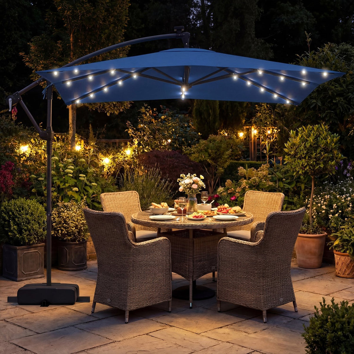 8 x 8 Square FT Solar LED Offset Cantilever Patio Umbrella with 360° Rotation-Navy view 2