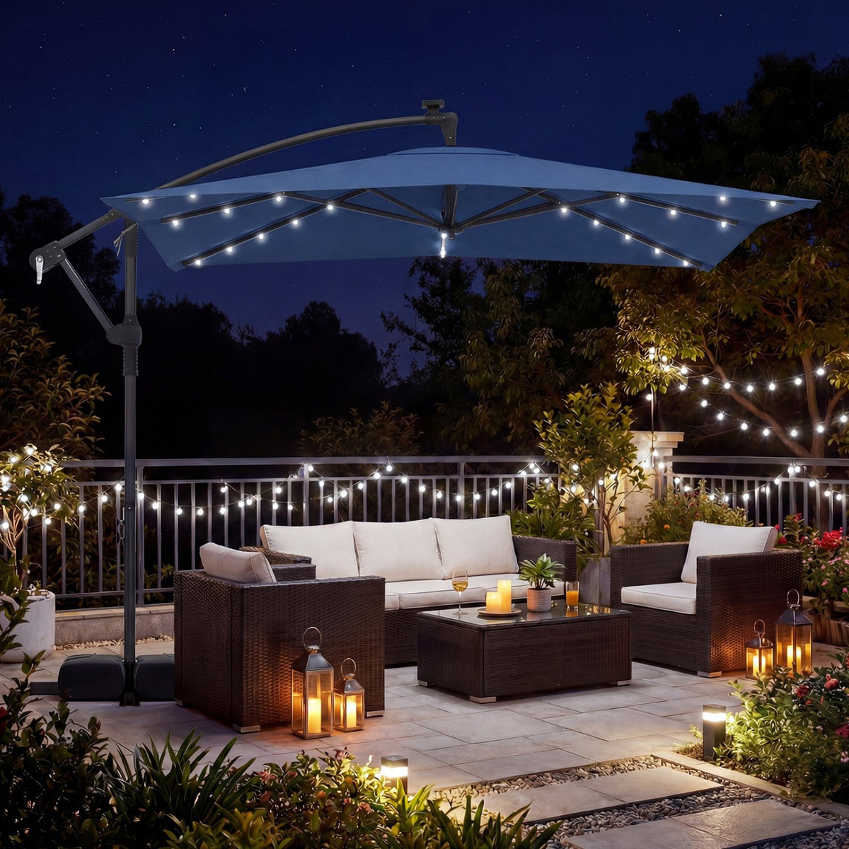 8 x 8 Square FT Solar LED Offset Cantilever Patio Umbrella with 360° Rotation-Navy view 3