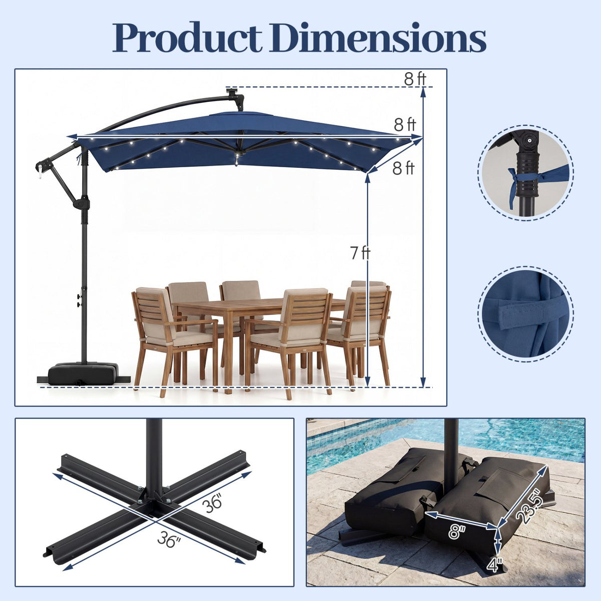 8 x 8 Square FT Solar LED Offset Cantilever Patio Umbrella with 360° Rotation-Navy view 4