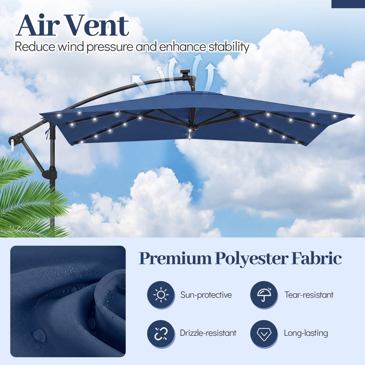 8 x 8 Square FT Solar LED Offset Cantilever Patio Umbrella with 360° Rotation-Navy view 6