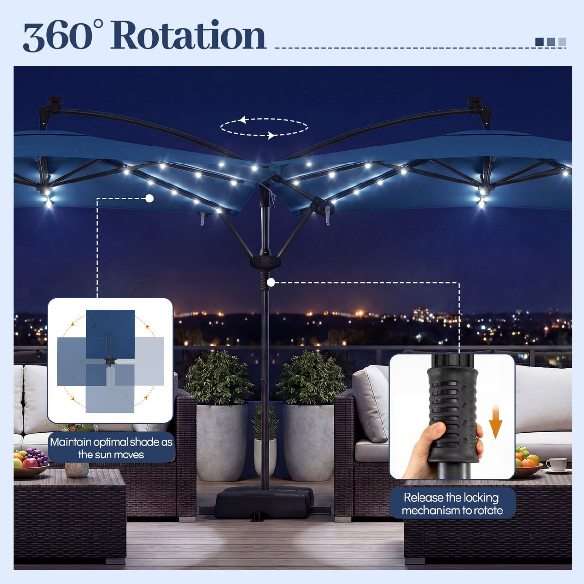 8 x 8 Square FT Solar LED Offset Cantilever Patio Umbrella with 360° Rotation-Navy view 7