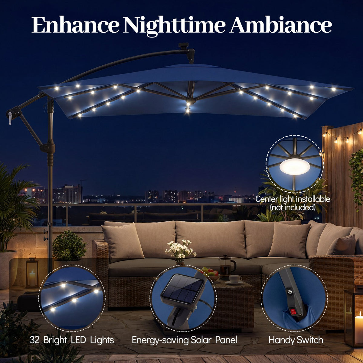 8 x 8 Square FT Solar LED Offset Cantilever Patio Umbrella with 360° Rotation-Navy view 8