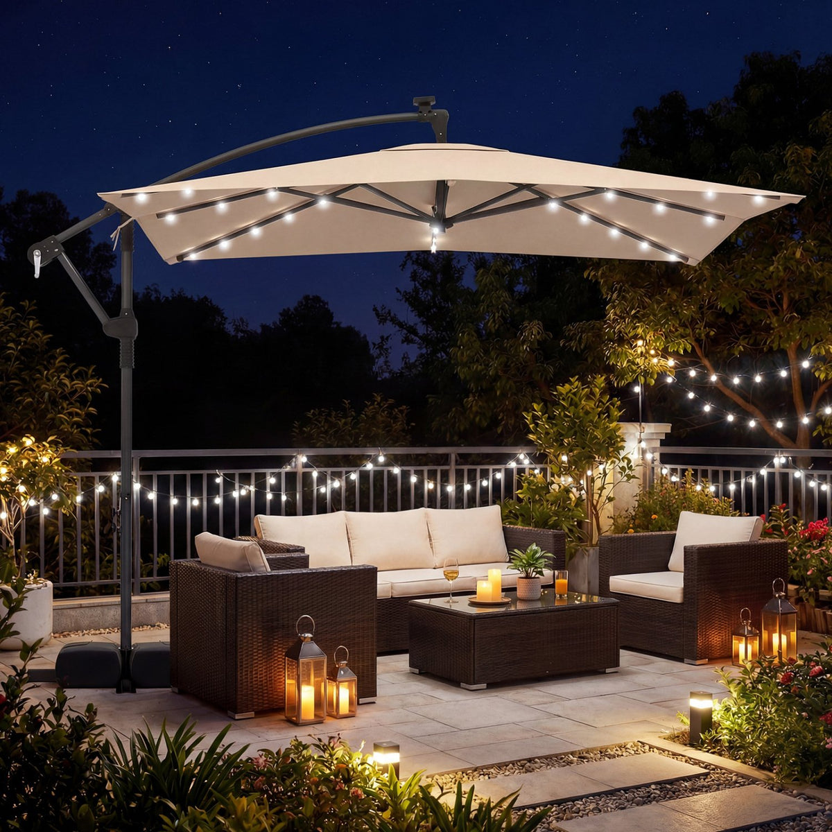 8 x 8 Square FT Solar LED Offset Cantilever Patio Umbrella with 360° Rotation-Rustic Brown view 3