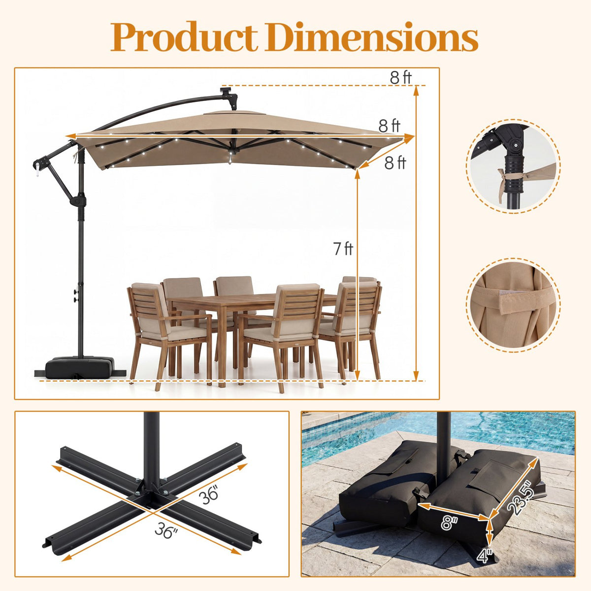 8 x 8 Square FT Solar LED Offset Cantilever Patio Umbrella with 360° Rotation-Rustic Brown view 4