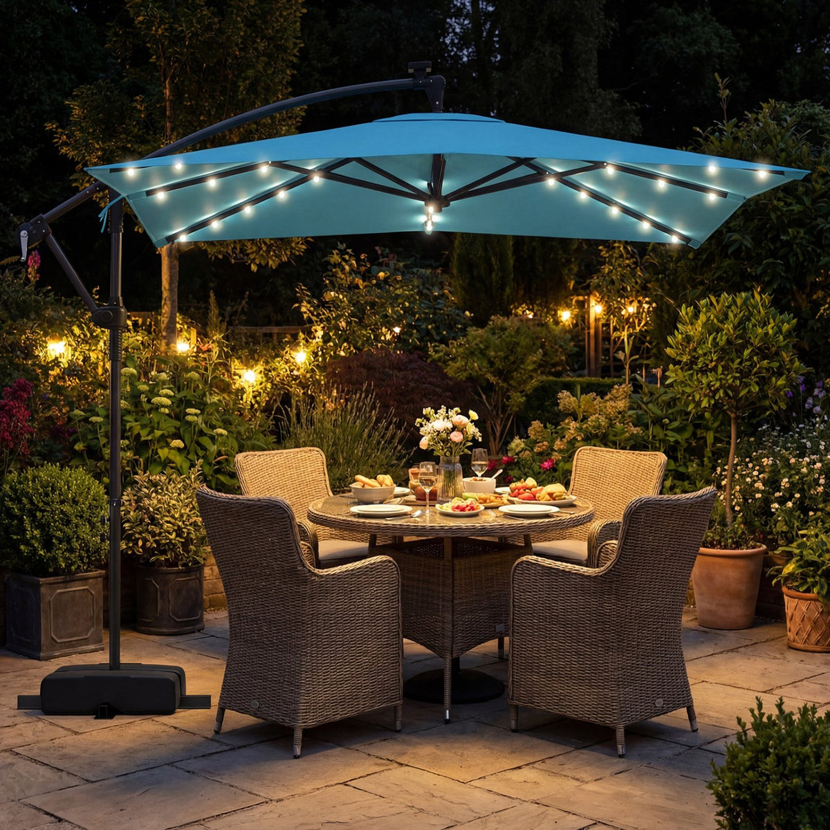 8 x 8 Square FT Solar LED Offset Cantilever Patio Umbrella with 360° Rotation-Turquoise view 2