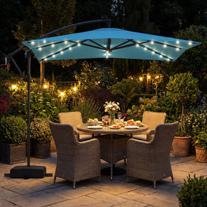 8 x 8 Square FT Solar LED Offset Cantilever Patio Umbrella with 360° Rotation-Turquoise view 2