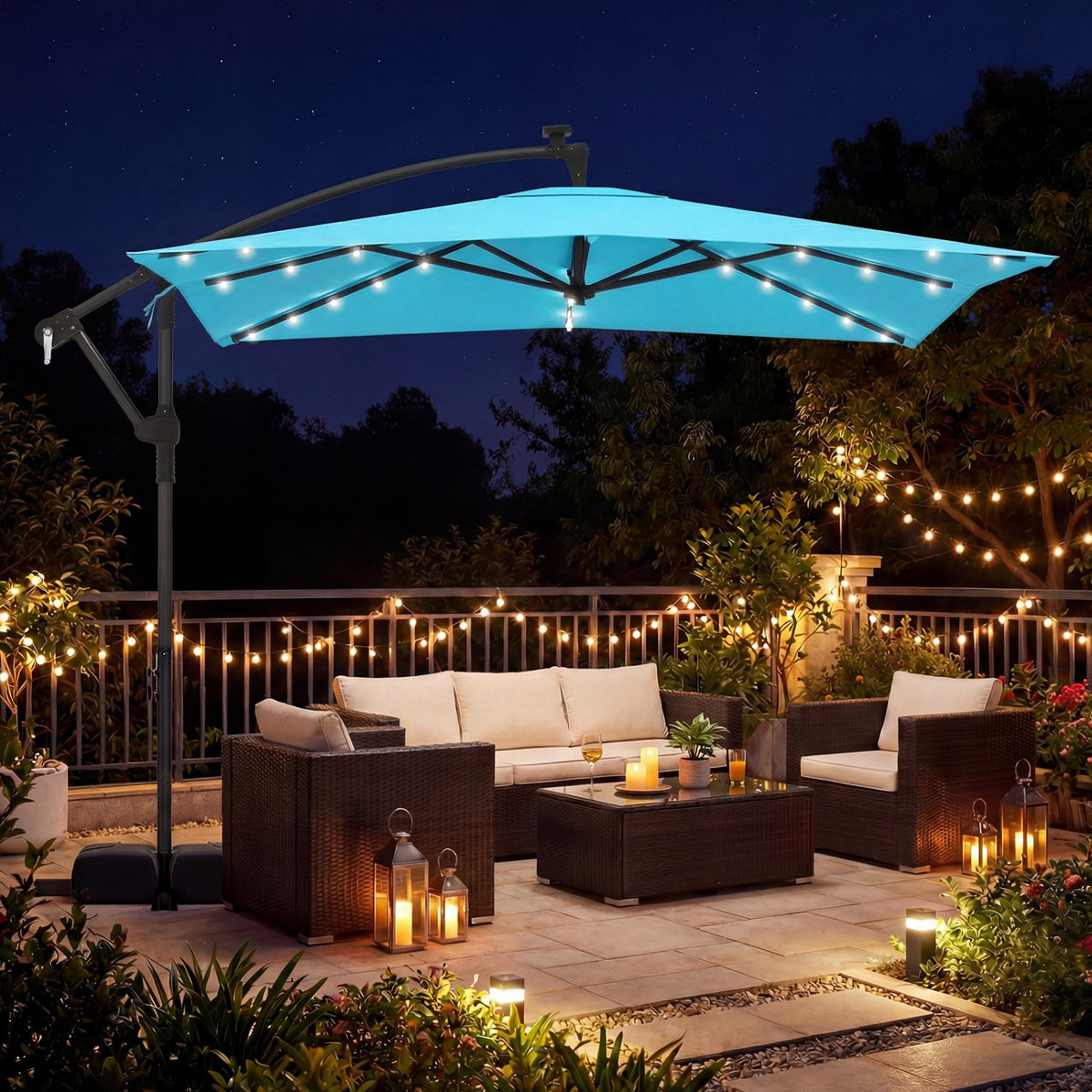 8 x 8 Square FT Solar LED Offset Cantilever Patio Umbrella with 360° Rotation-Turquoise view 3