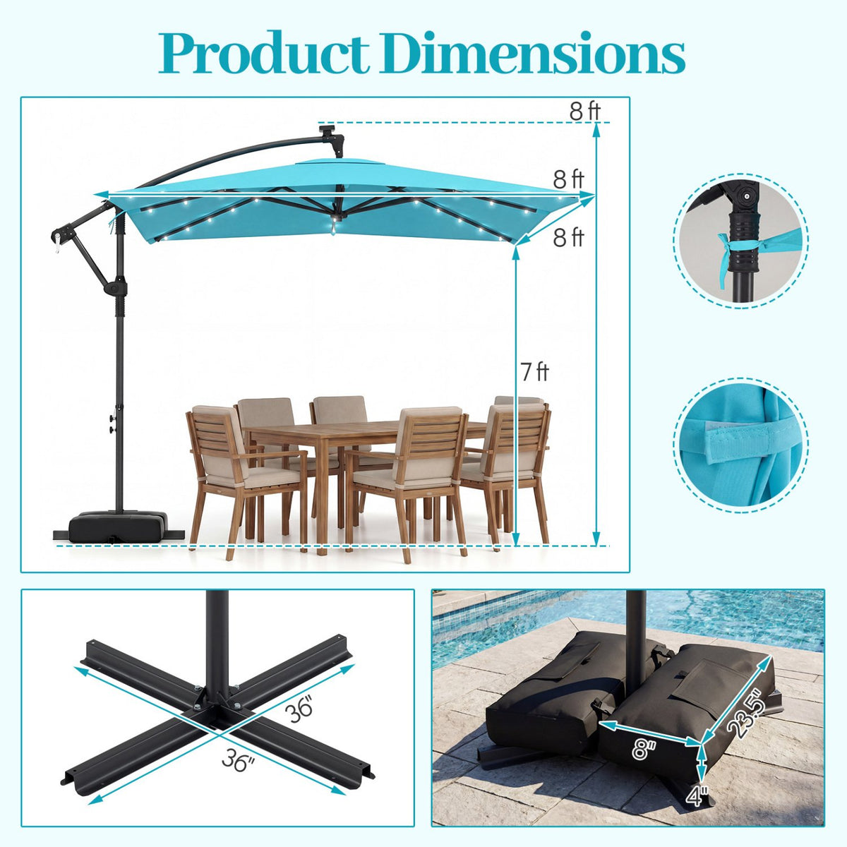 8 x 8 Square FT Solar LED Offset Cantilever Patio Umbrella with 360° Rotation-Turquoise view 4