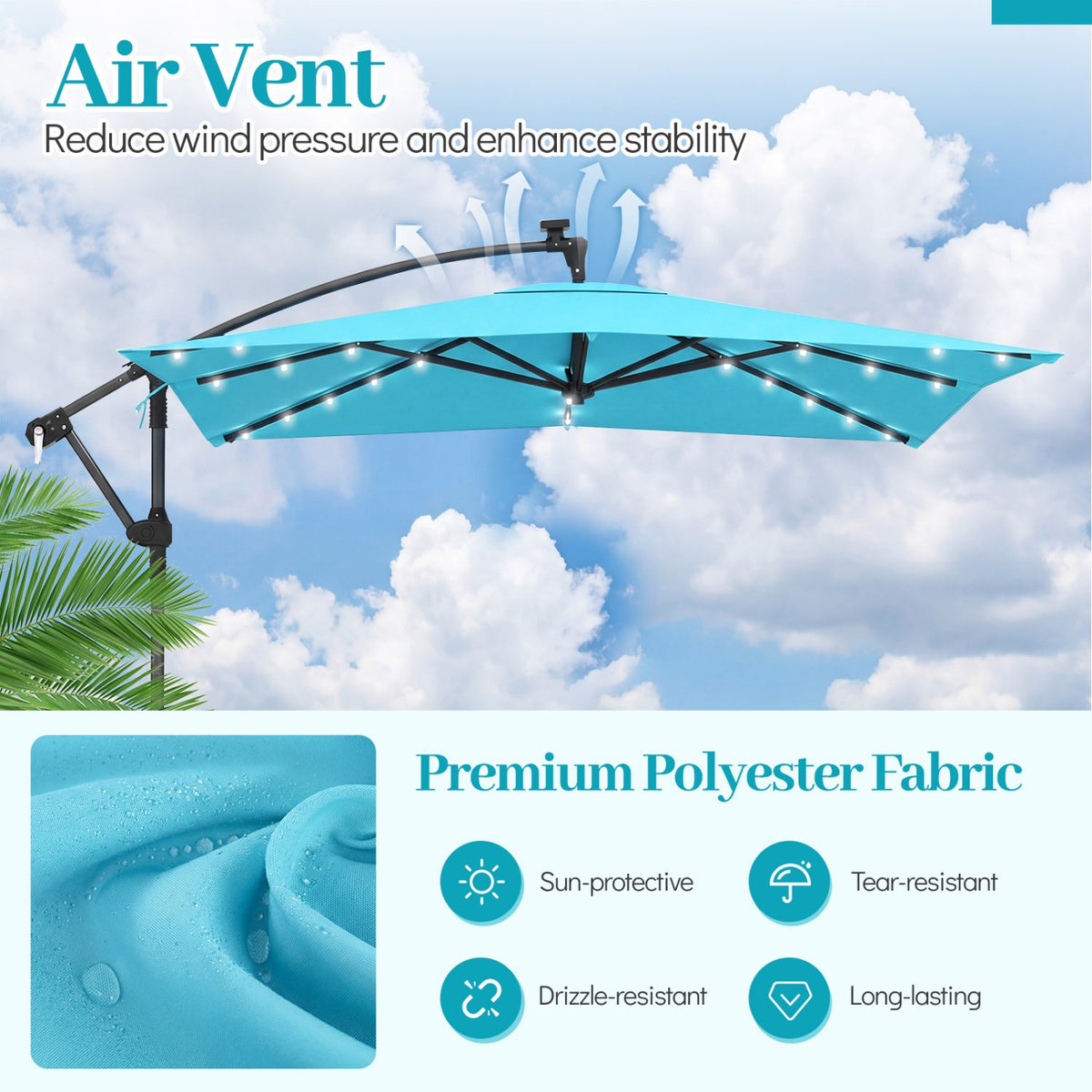 8 x 8 Square FT Solar LED Offset Cantilever Patio Umbrella with 360° Rotation-Turquoise view 6
