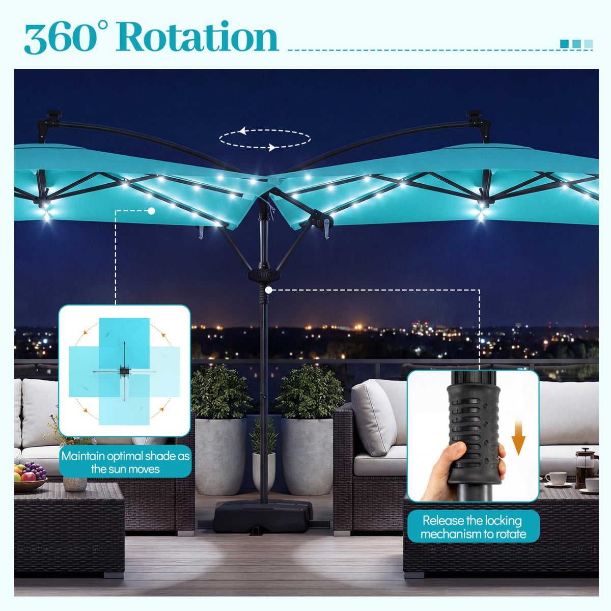 8 x 8 Square FT Solar LED Offset Cantilever Patio Umbrella with 360° Rotation-Turquoise view 7