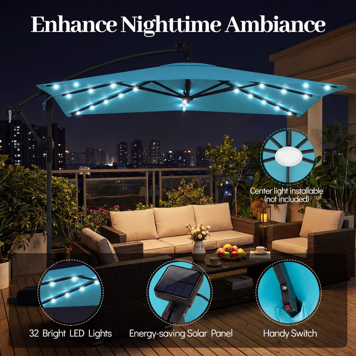 8 x 8 Square FT Solar LED Offset Cantilever Patio Umbrella with 360° Rotation-Turquoise view 8