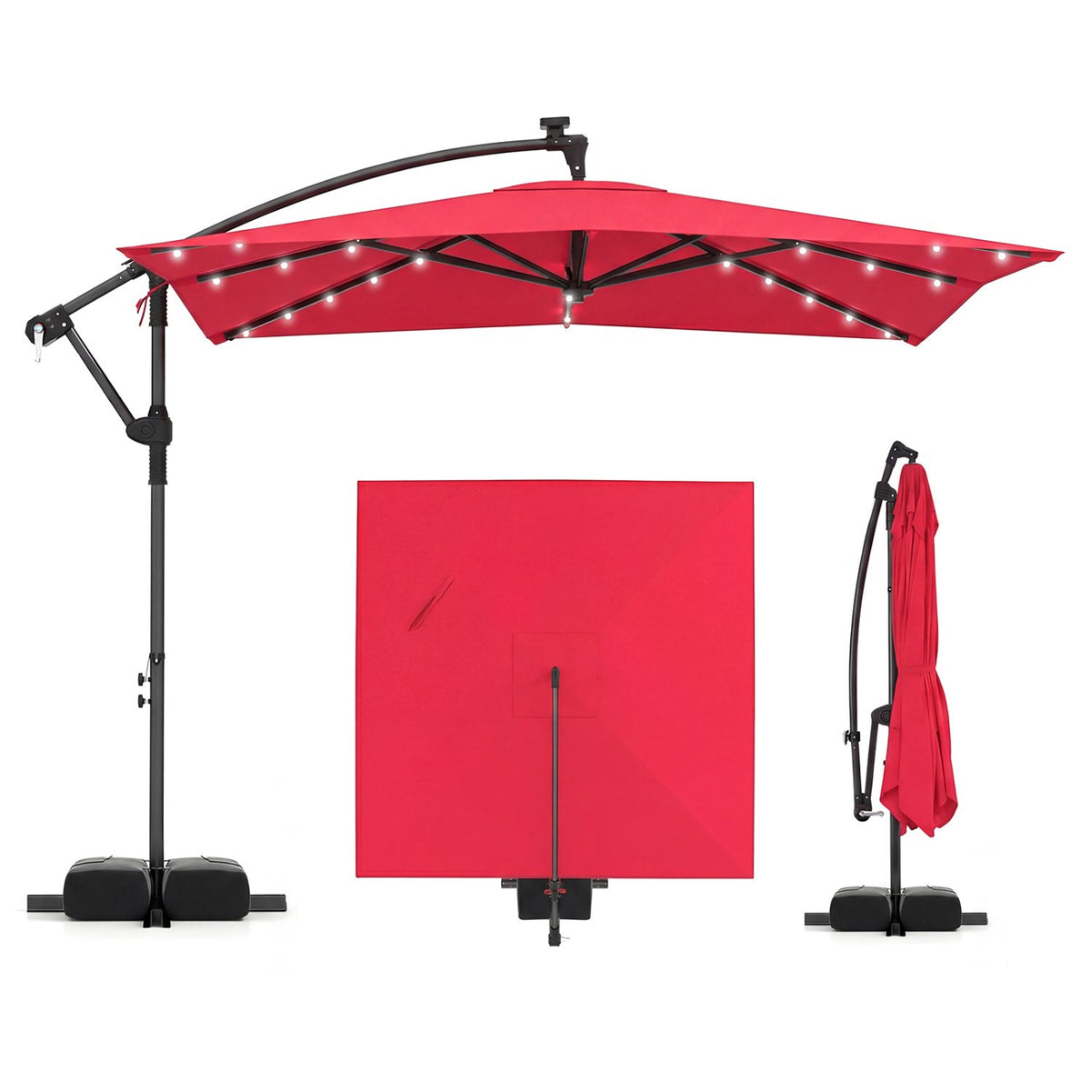 8 x 8 Square FT Solar LED Offset Cantilever Patio Umbrella with 360° Rotation-Red