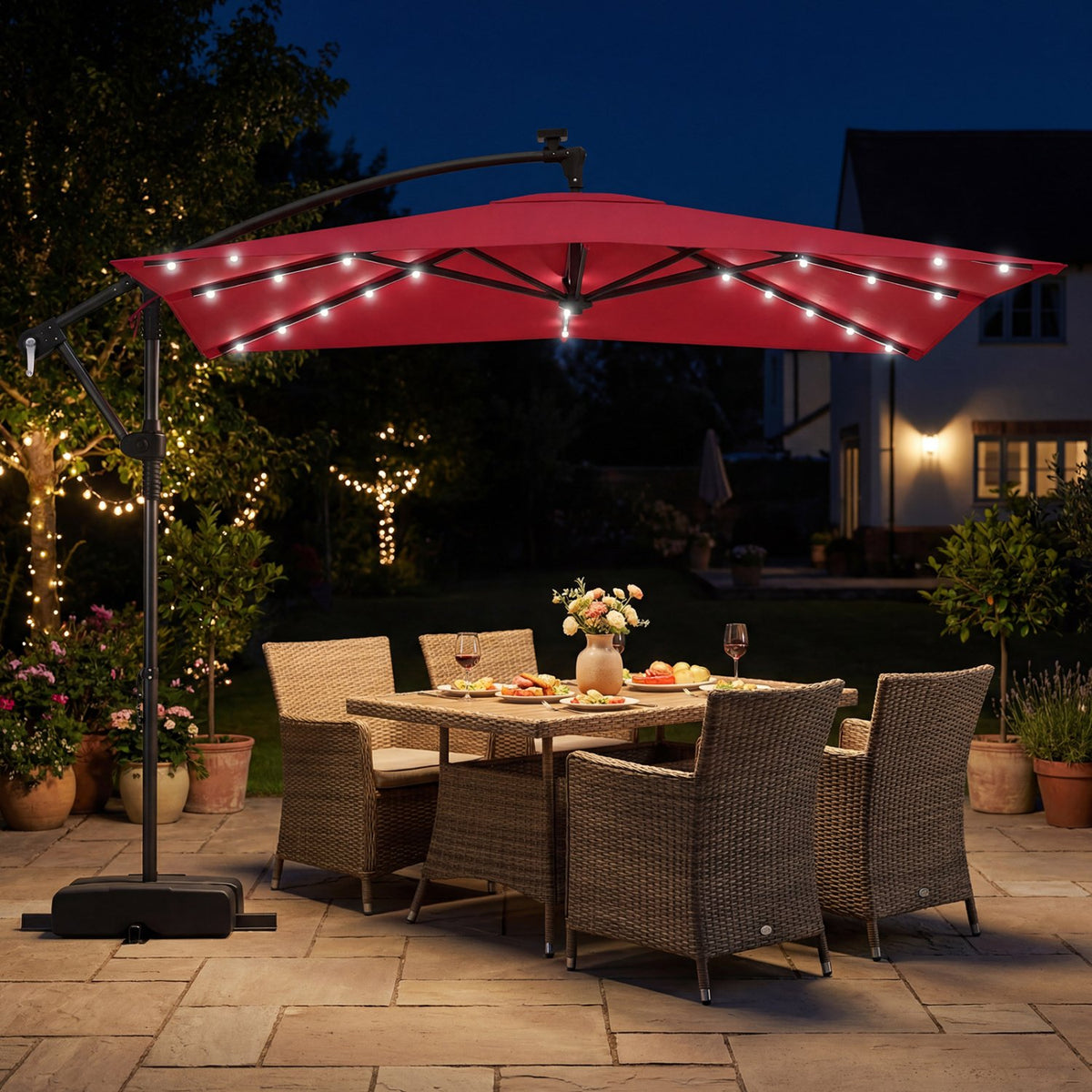 8 x 8 Square FT Solar LED Offset Cantilever Patio Umbrella with 360° Rotation-Red view 2