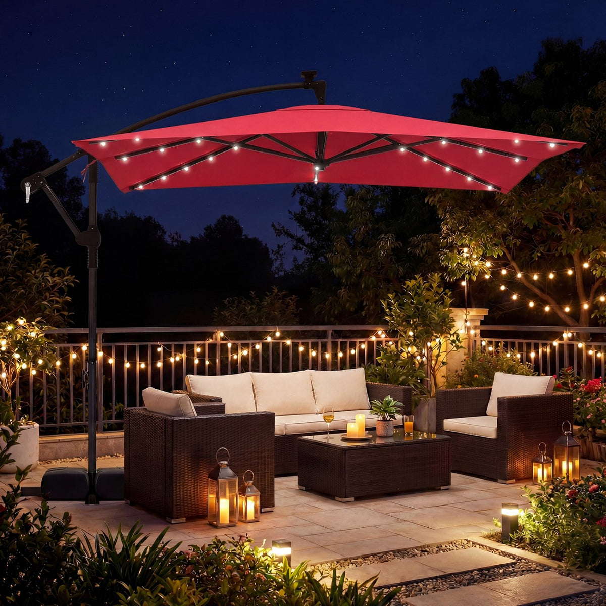 8 x 8 Square FT Solar LED Offset Cantilever Patio Umbrella with 360° Rotation-Red view 3