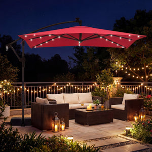 8 x 8 Square FT Solar LED Offset Cantilever Patio Umbrella with 360° Rotation-Red view 3