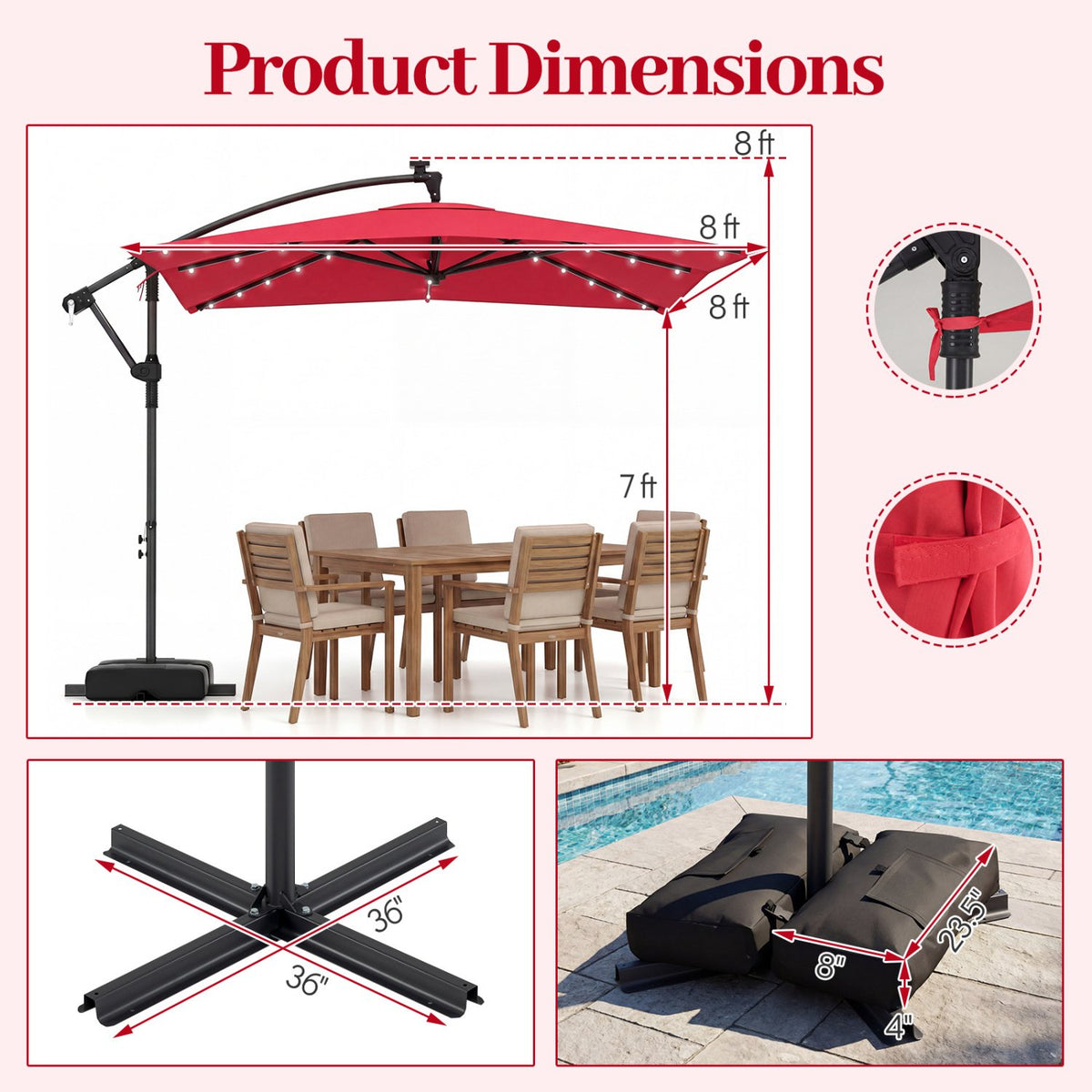 8 x 8 Square FT Solar LED Offset Cantilever Patio Umbrella with 360° Rotation-Red view 4