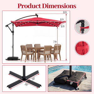 8 x 8 Square FT Solar LED Offset Cantilever Patio Umbrella with 360° Rotation-Red view 4