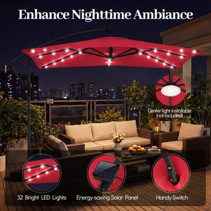 8 x 8 Square FT Solar LED Offset Cantilever Patio Umbrella with 360° Rotation-Red view 8