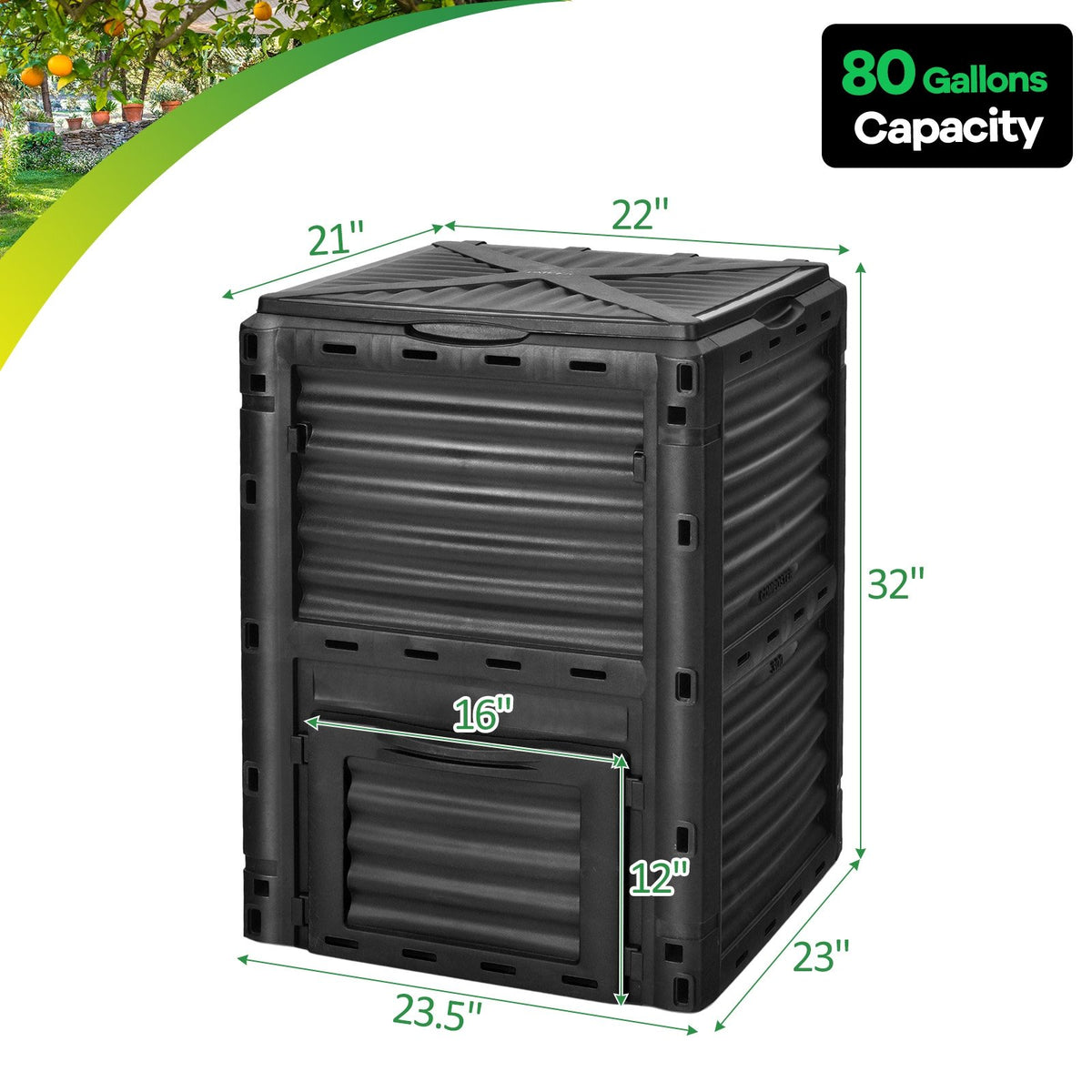 80-Gallon Outdoor Composter with Large Openable Lid and Bottom Exit Door-Black view 5