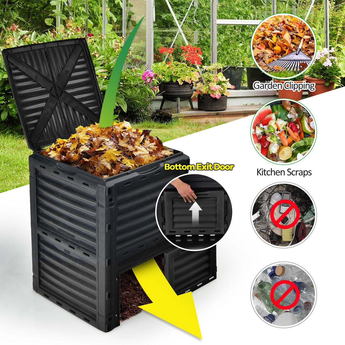 80-Gallon Outdoor Composter with Large Openable Lid and Bottom Exit Door-Black view 9