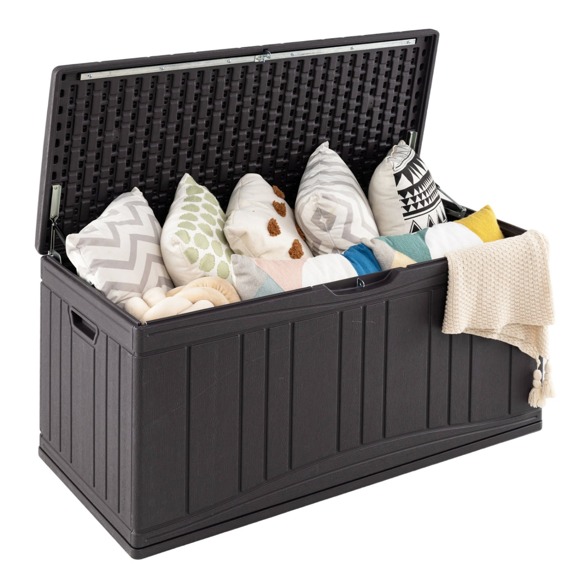 300 L Outdoor Deck Box with Lockable Lid for Garden Tools Cushions-Brown