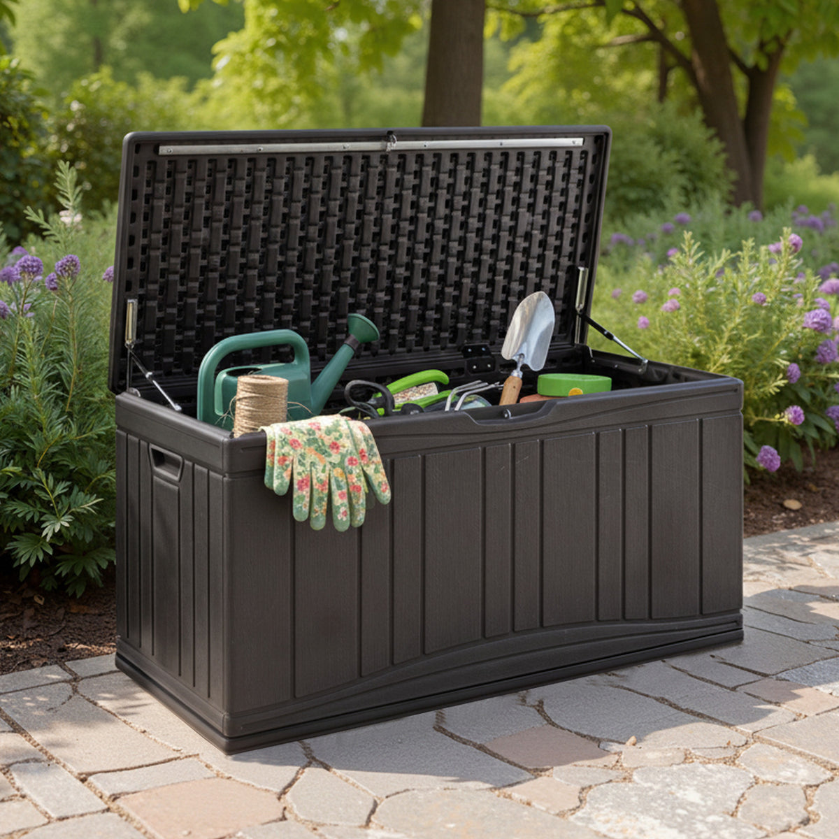 300 L Outdoor Deck Box with Lockable Lid for Garden Tools Cushions-Brown view 2