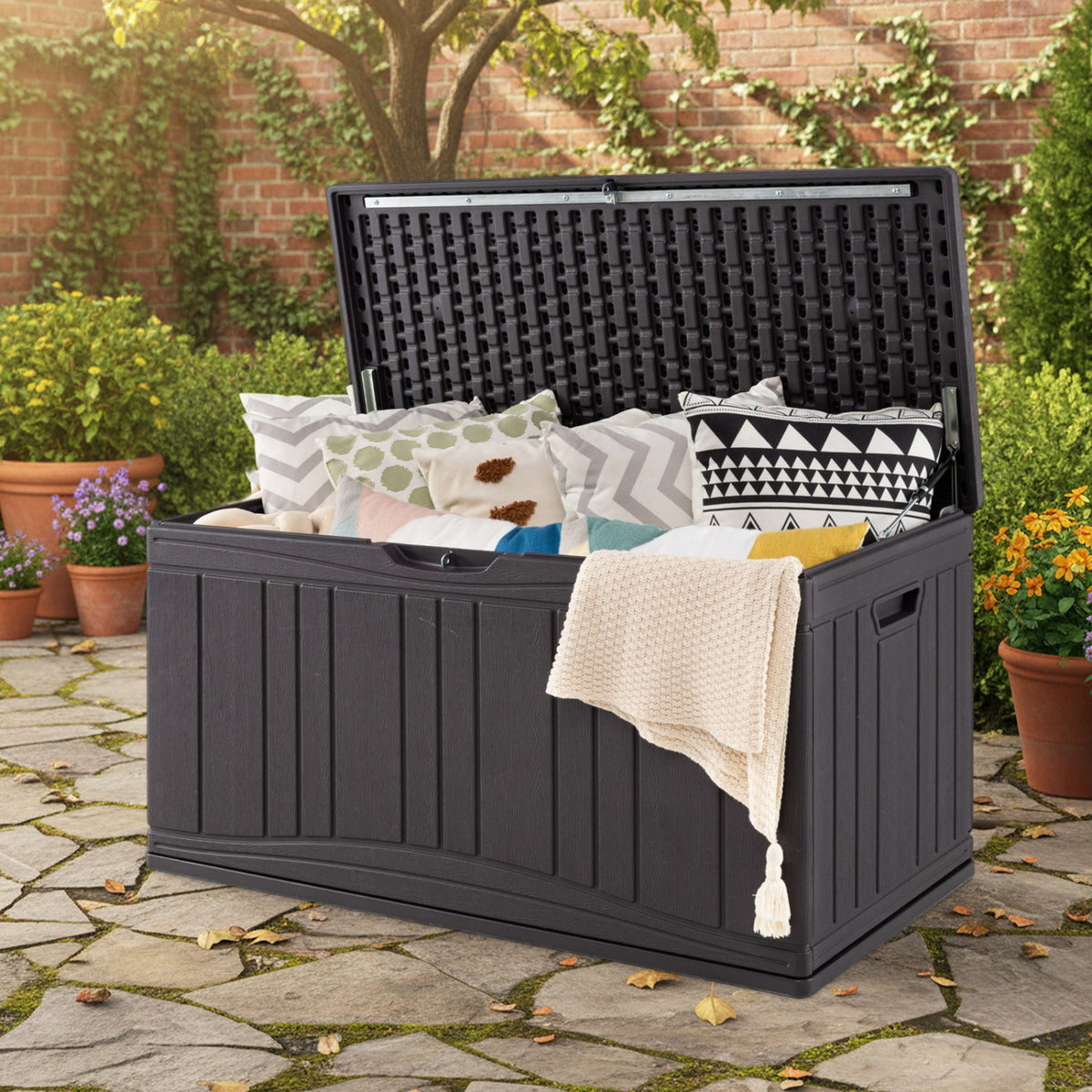 300 L Outdoor Deck Box with Lockable Lid for Garden Tools Cushions-Brown view 3