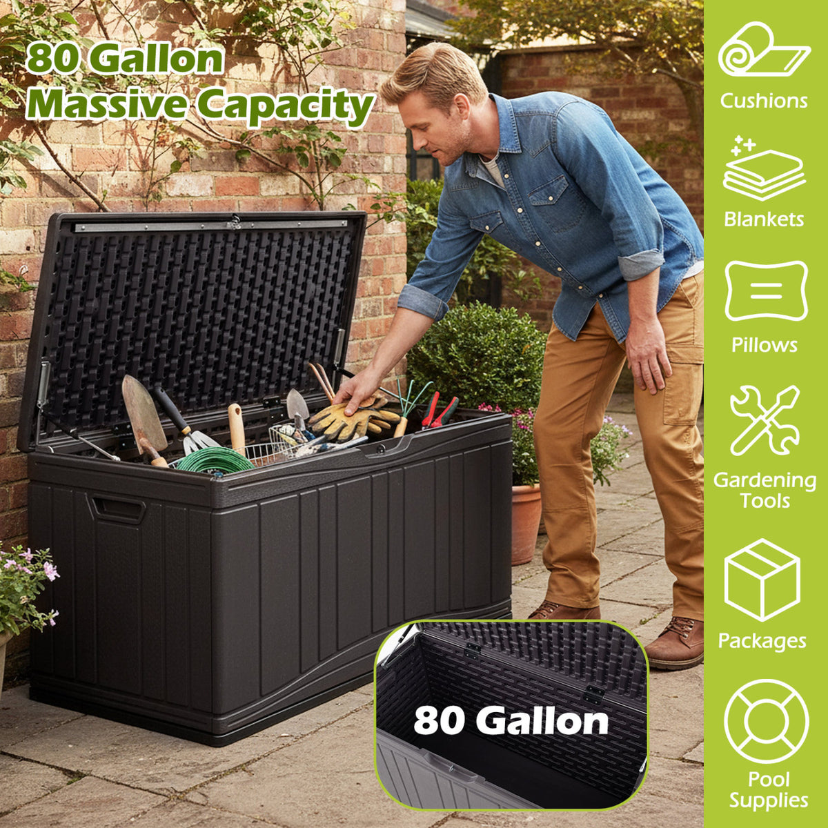 300 L Outdoor Deck Box with Lockable Lid for Garden Tools Cushions-Brown view 6