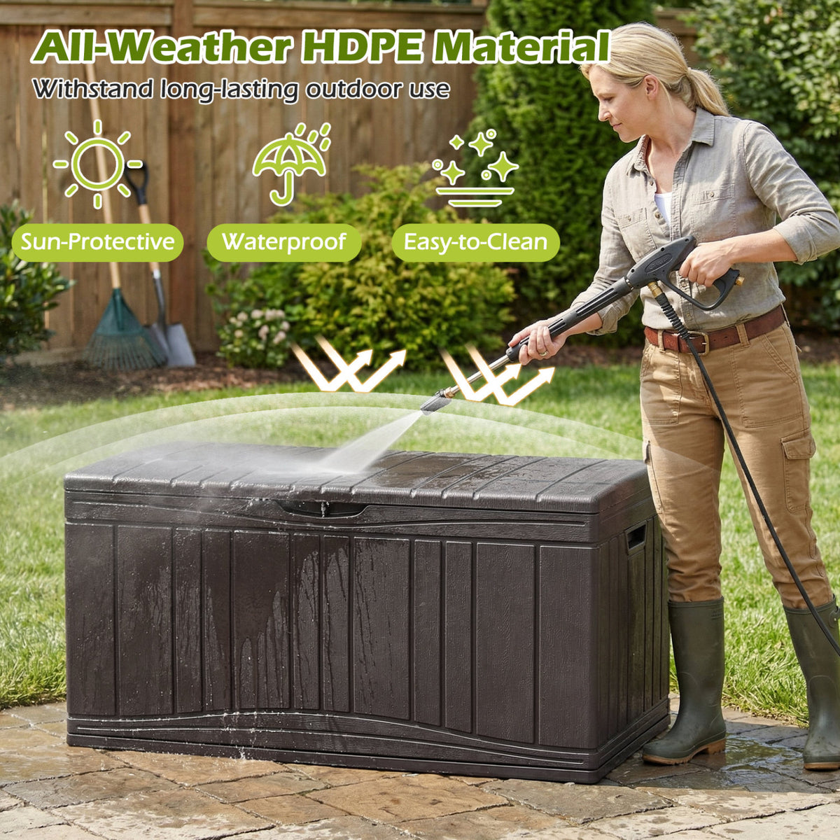 300 L Outdoor Deck Box with Lockable Lid for Garden Tools Cushions-Brown view 8