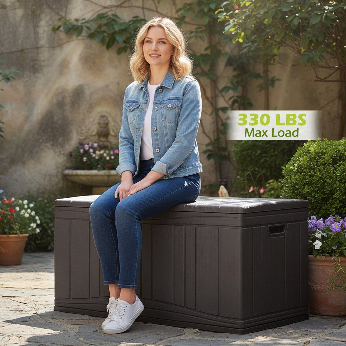 300 L Outdoor Deck Box with Lockable Lid for Garden Tools Cushions-Brown view 9