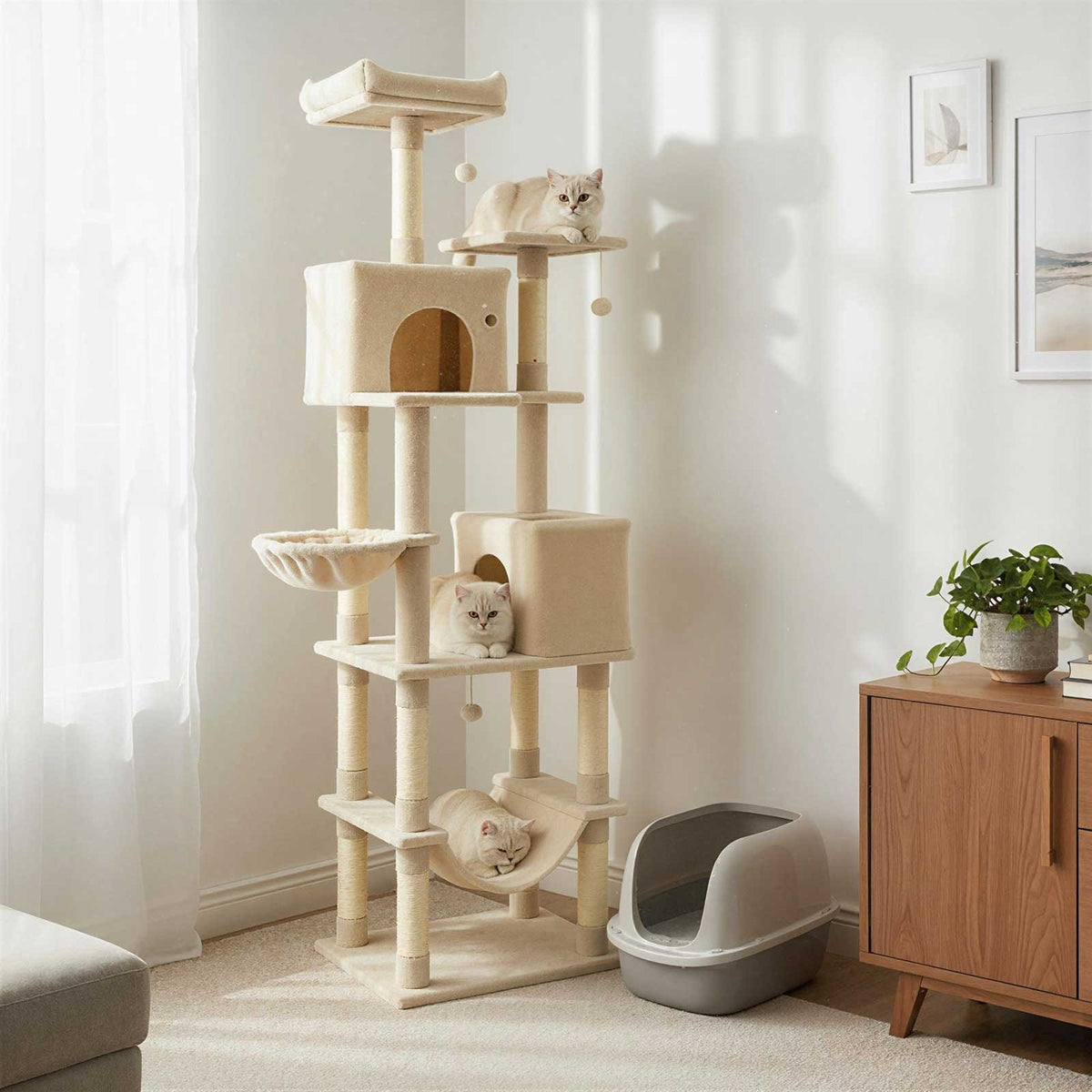 80 Inches Tall Cat Tree with 2 Large Condos and Dangling Toys-Beige view 2