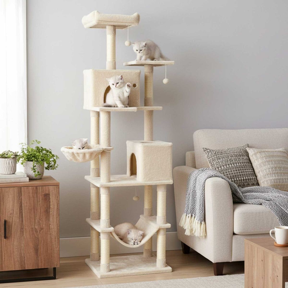 80 Inches Tall Cat Tree with 2 Large Condos and Dangling Toys-Beige view 3