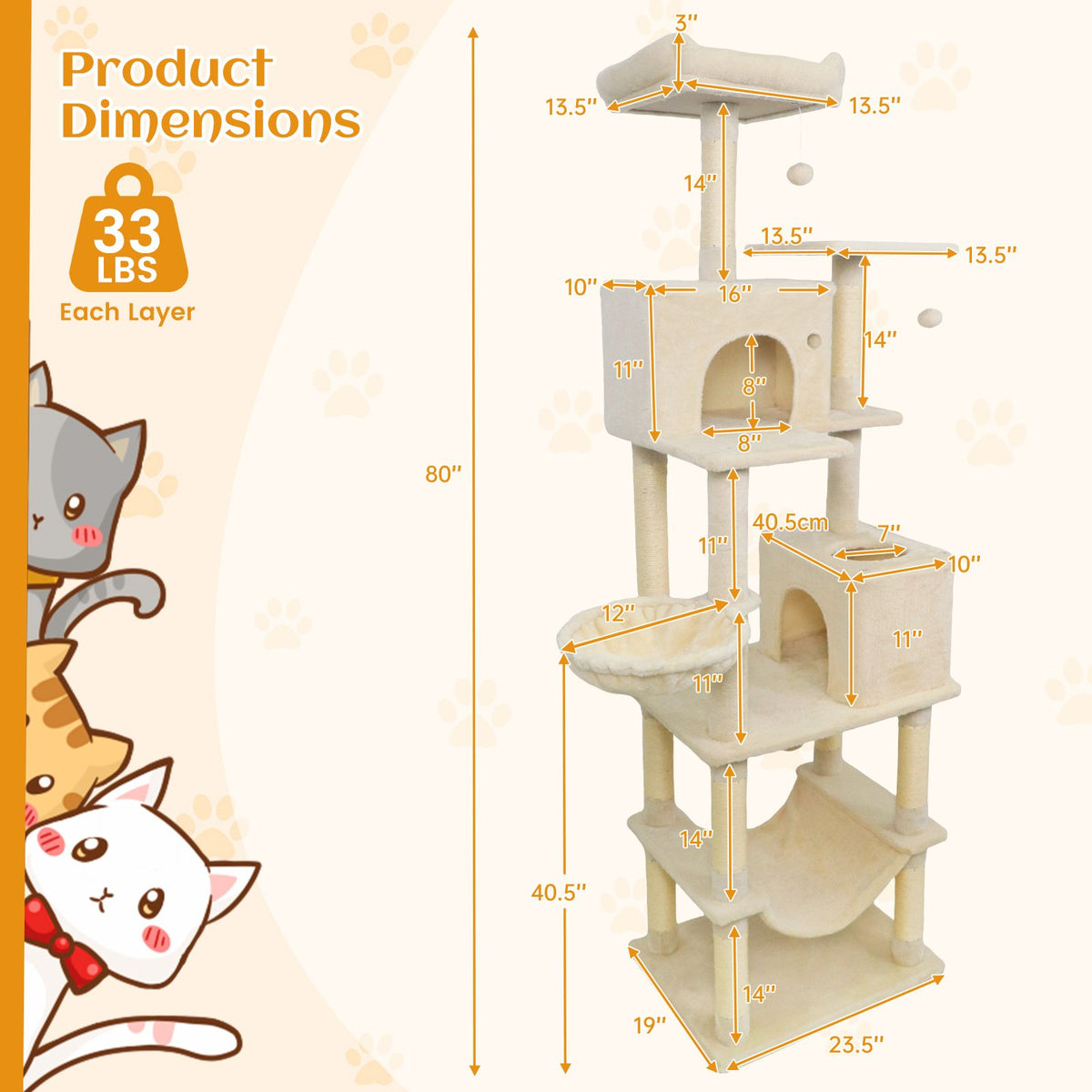 80 Inches Tall Cat Tree with 2 Large Condos and Dangling Toys-Beige view 5