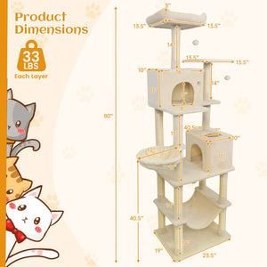 80 Inches Tall Cat Tree with 2 Large Condos and Dangling Toys-Beige view 5
